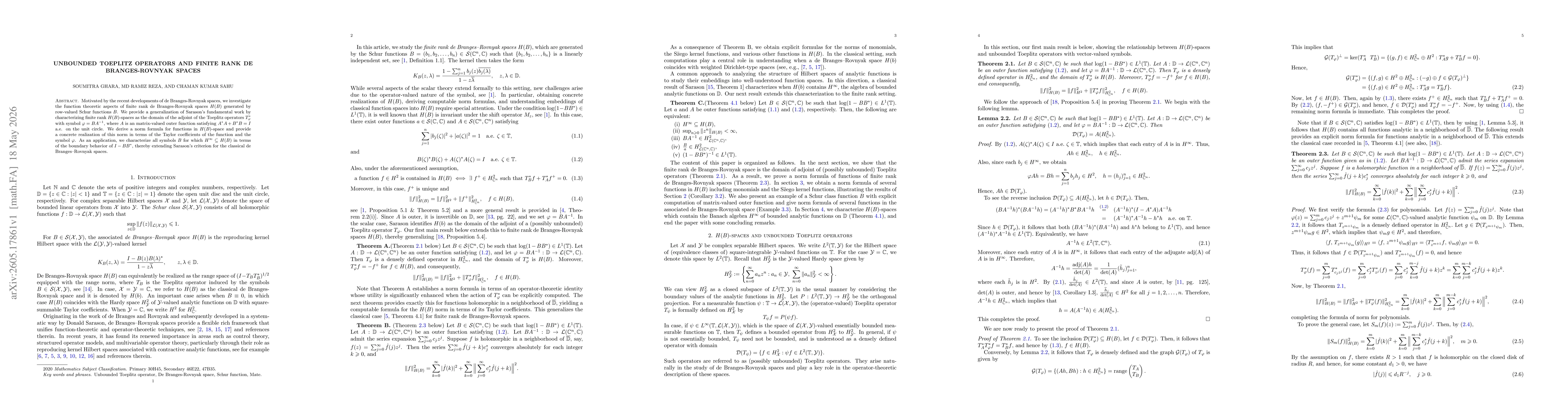 Thumbnail for Unbounded Toeplitz operators and finite rank de Branges-Rovnyak spaces