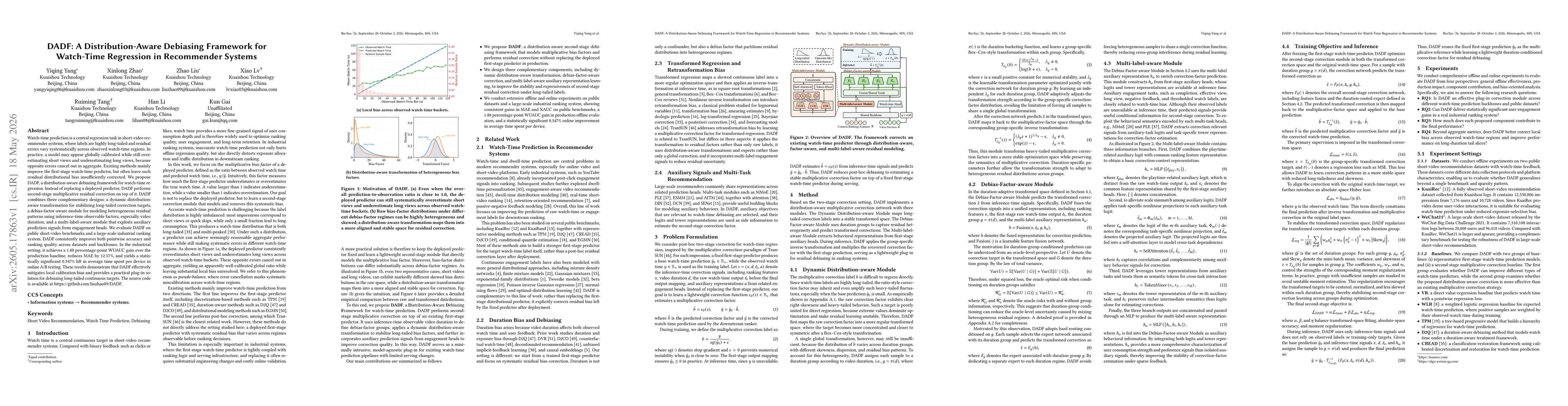 Thumbnail for DADF: A Distribution-Aware Debiasing Framework for Watch-Time Regression in Recommender Systems