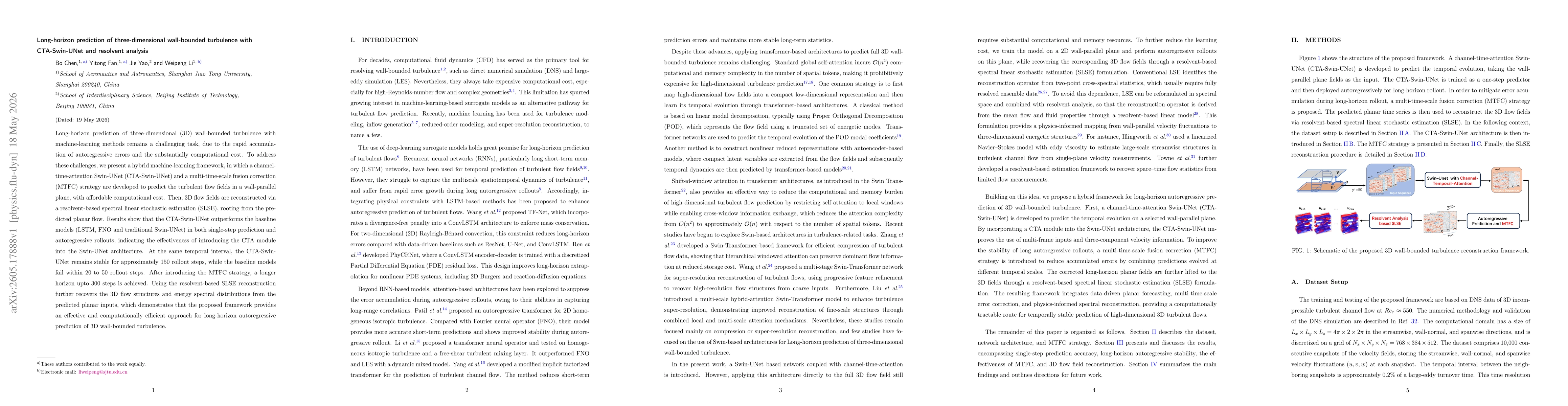 Thumbnail for Long-horizon prediction of three-dimensional wall-bounded turbulence with CTA-Swin-UNet and resolvent analysis
