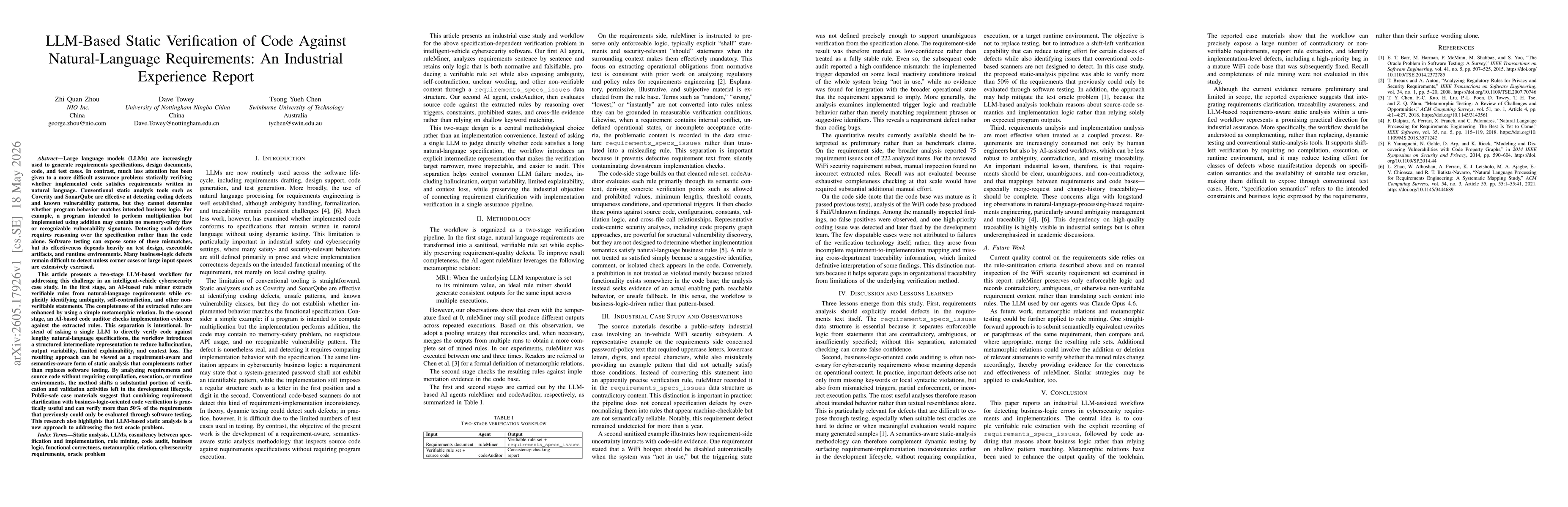 Thumbnail for LLM-Based Static Verification of Code Against Natural-Language Requirements: An Industrial Experience Report