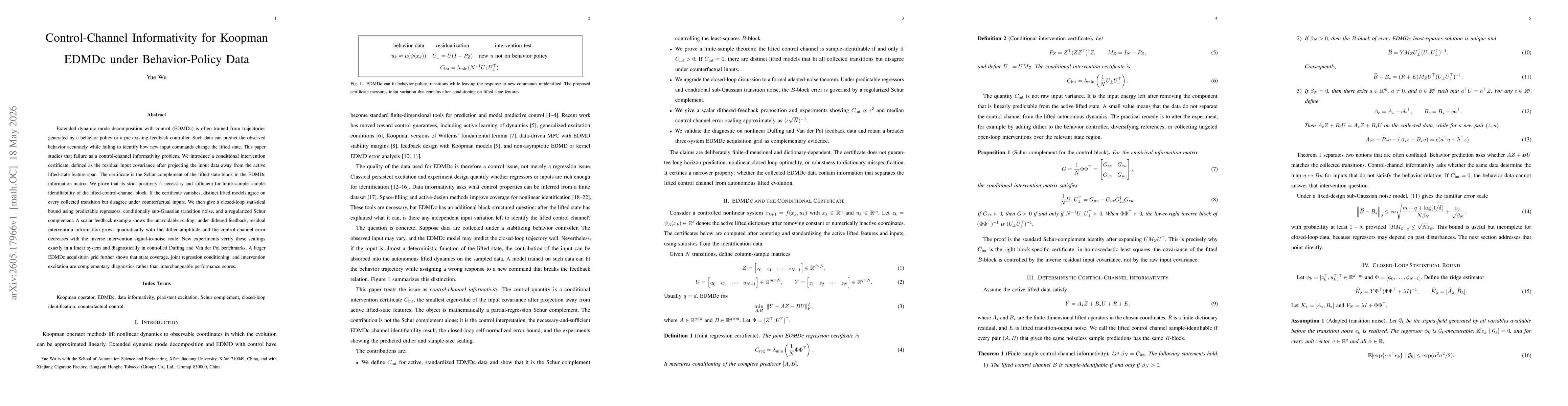 Thumbnail for Control-Channel Informativity for Koopman EDMDc under Behavior-Policy Data