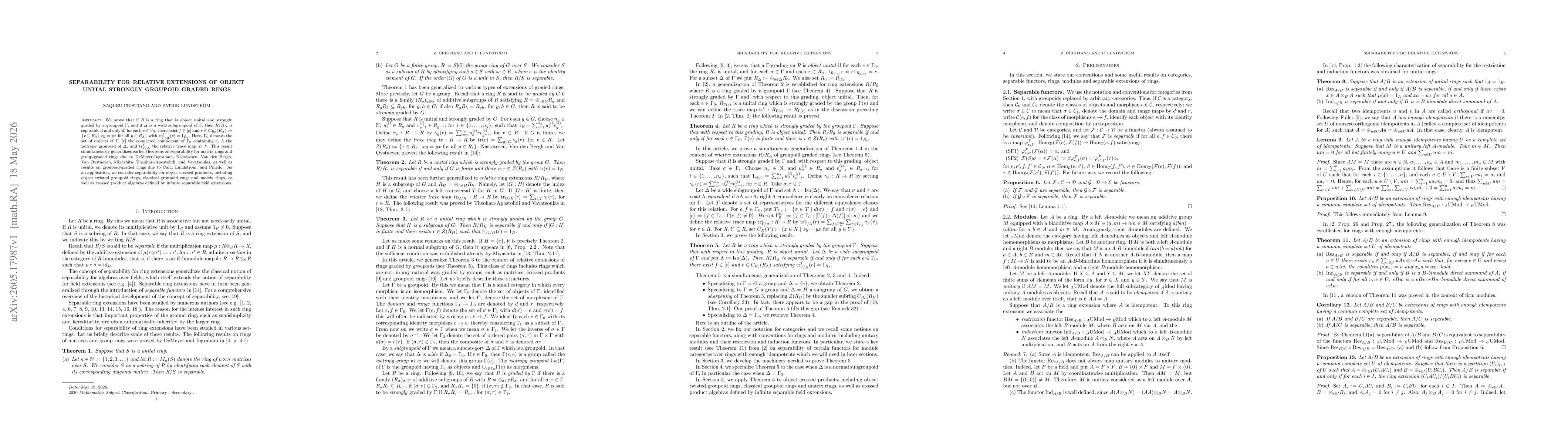 Thumbnail for Separability for relative extensions of object unital strongly groupoid graded rings