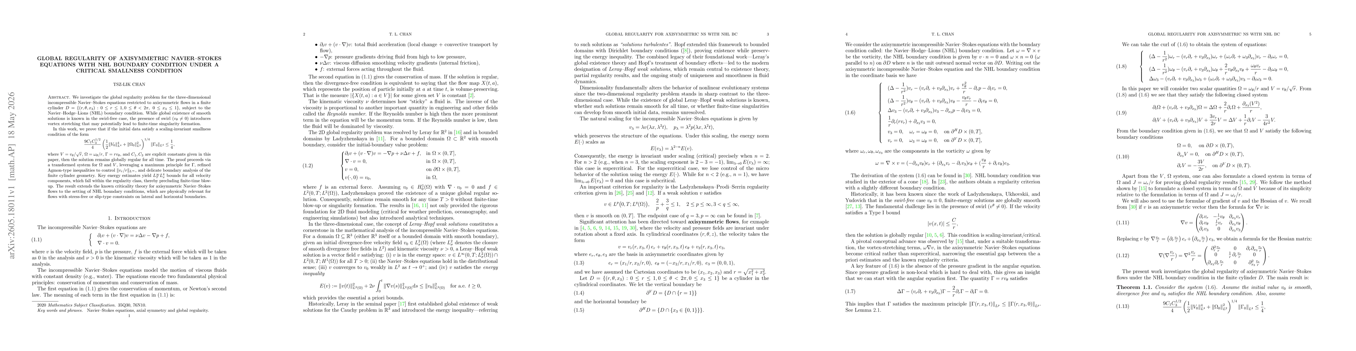 Thumbnail for Global Regularity of Axisymmetric Navier-Stokes Equations with NHL Boundary Conditions under a Critical Smallness Condition