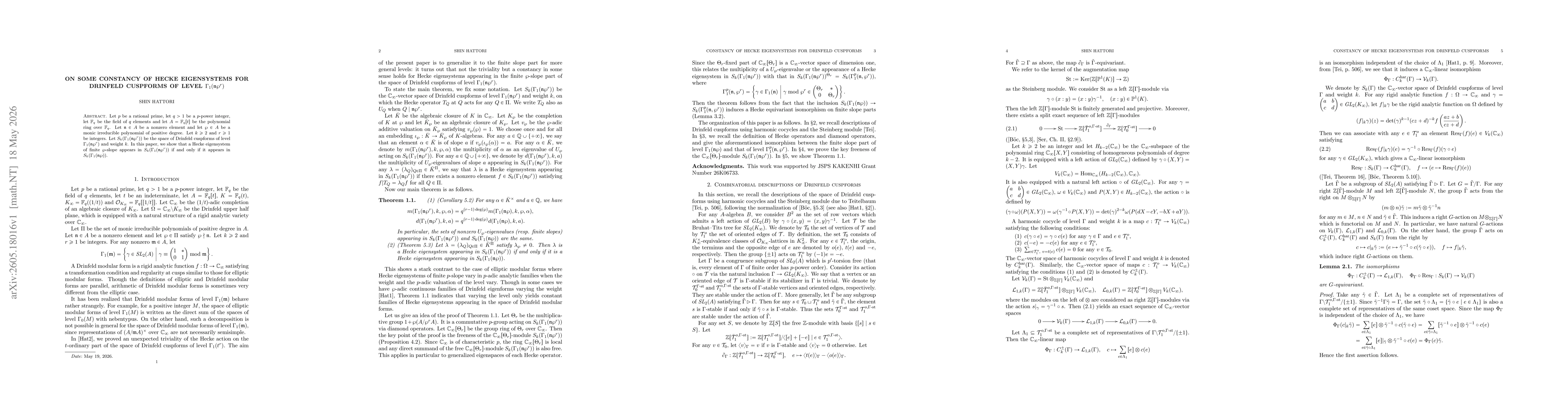 Thumbnail for On some constancy of Hecke eigensystems for Drinfeld cuspforms of level $Γ_1(\mathfrak{n}\wp^r)$
