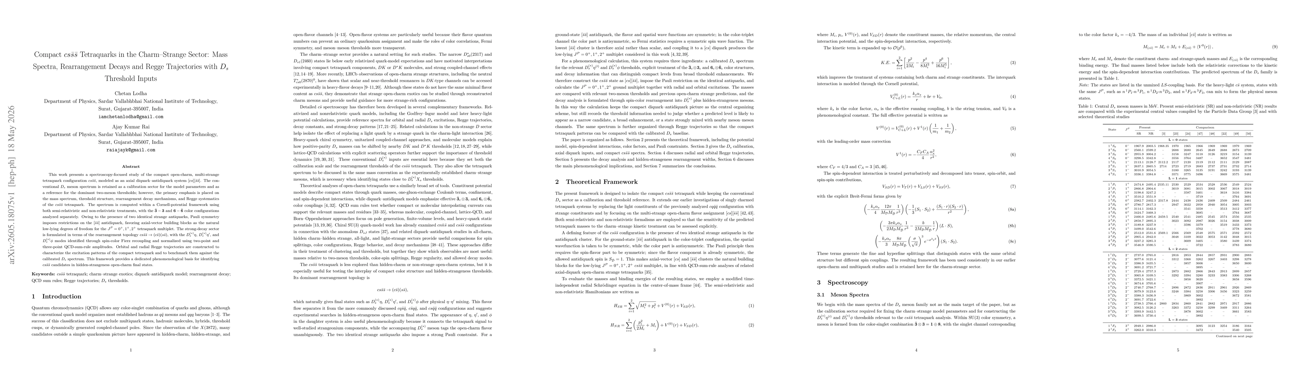 Thumbnail for Compact $cs\bar{s}\bar{s}$ Tetraquarks in the Charm--Strange Sector: Mass Spectra, Rearrangement Decays and Regge Trajectories with $D_s$ Threshold Inputs