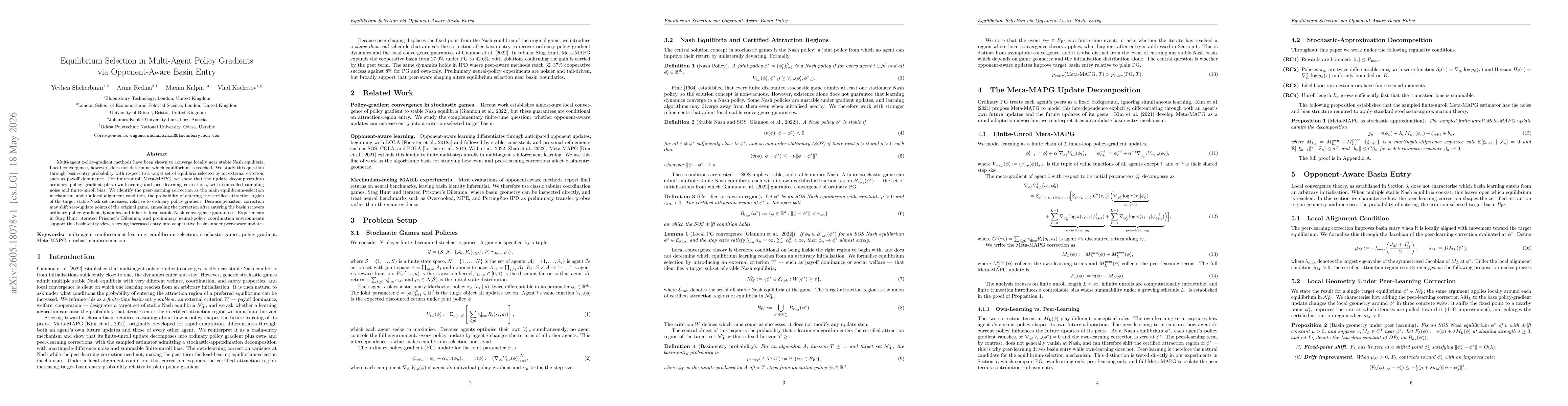 Thumbnail for Equilibrium Selection in Multi-Agent Policy Gradients via Opponent-Aware Basin Entry