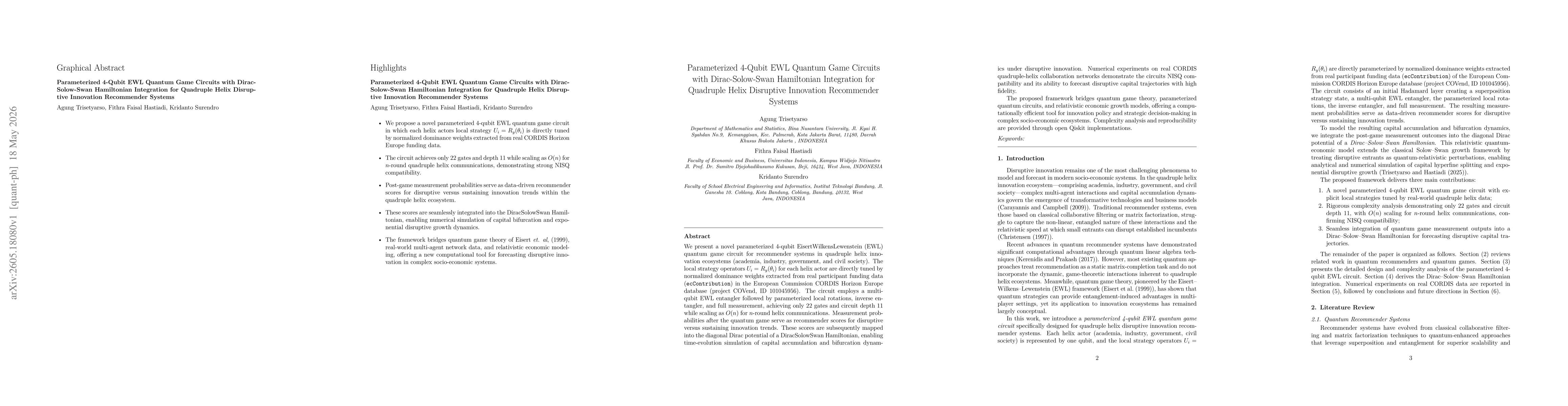 Thumbnail for Parameterized 4-Qubit EWL Quantum Game Circuits with Dirac-Solow-Swan Hamiltonian Integration for Quadruple Helix Disruptive Innovation Recommender Systems