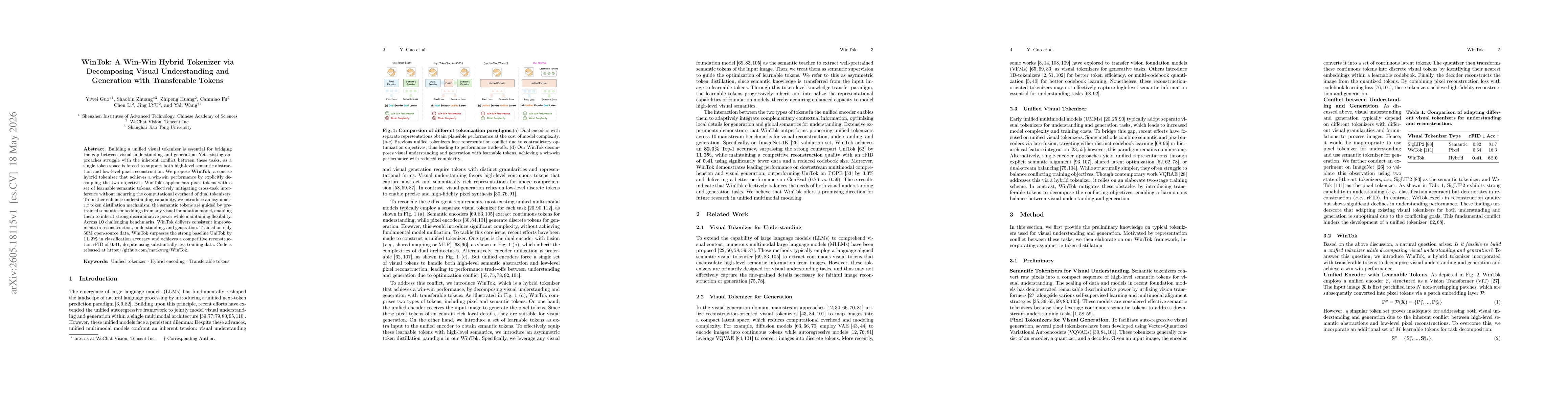 Thumbnail for WinTok: A Win-Win Hybrid Tokenizer via Decomposing Visual Understanding and Generation with Transferable Tokens
