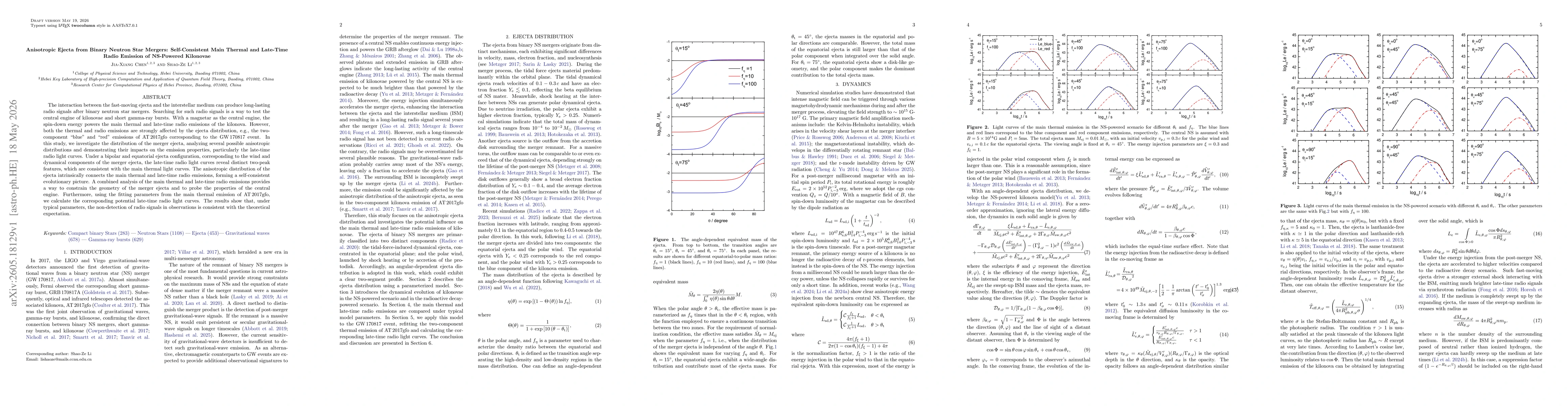 Thumbnail for Anisotropic Ejecta from Binary Neutron Star Mergers: Self-Consistent Main Thermal and Late-Time Radio Emission of NS-Powered Kilonovae
