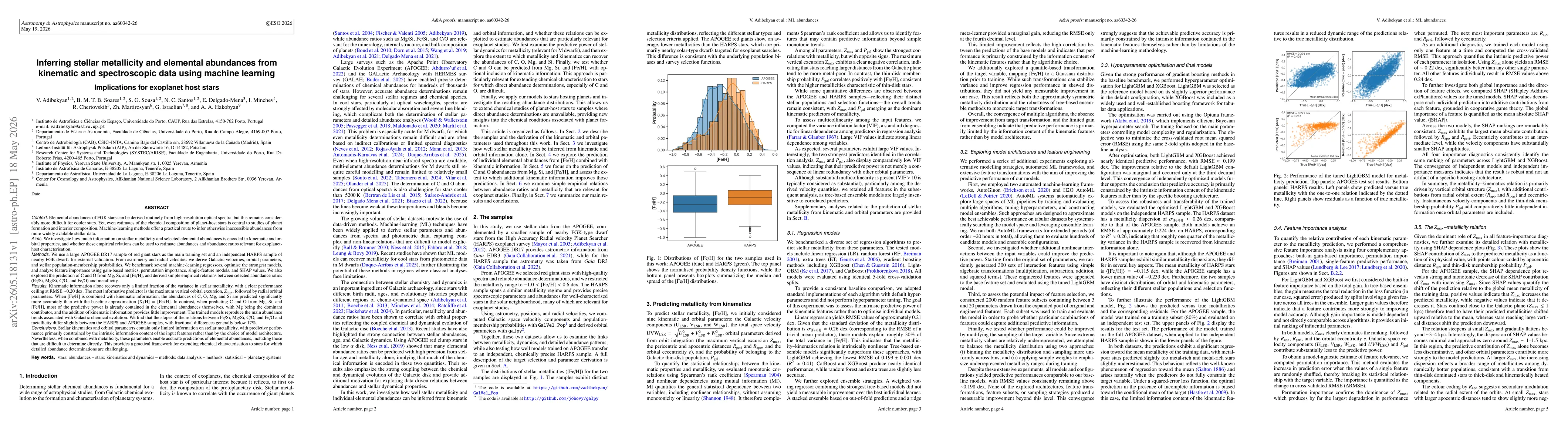 Thumbnail for Inferring stellar metallicity and elemental abundances from kinematic and spectroscopic data using machine learning -- Implications for exoplanet host stars