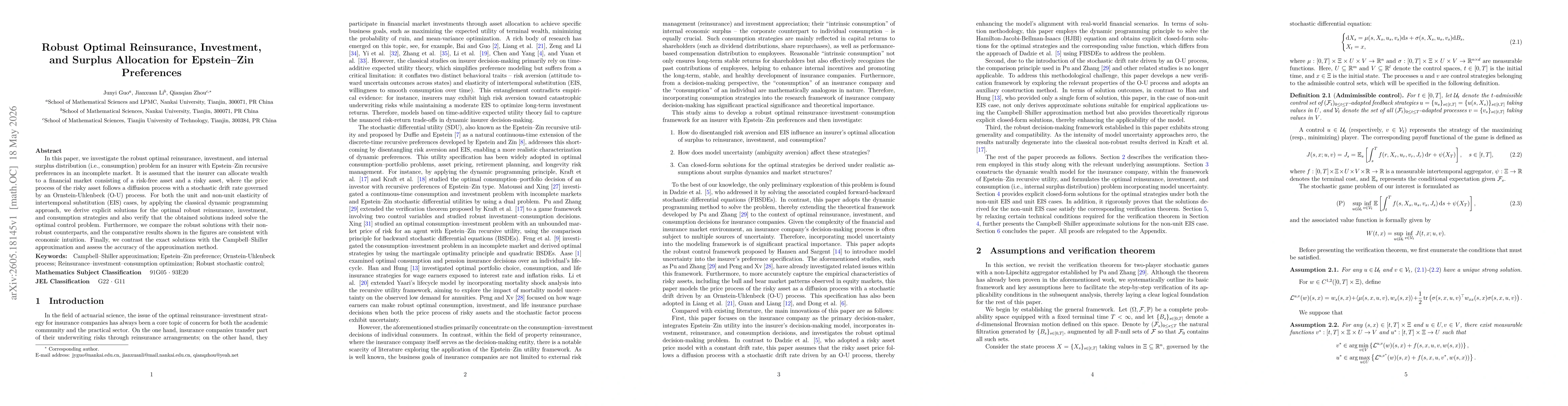 Thumbnail for Robust Optimal Reinsurance, Investment,and Surplus Allocation for Epstein-Zin Preferences