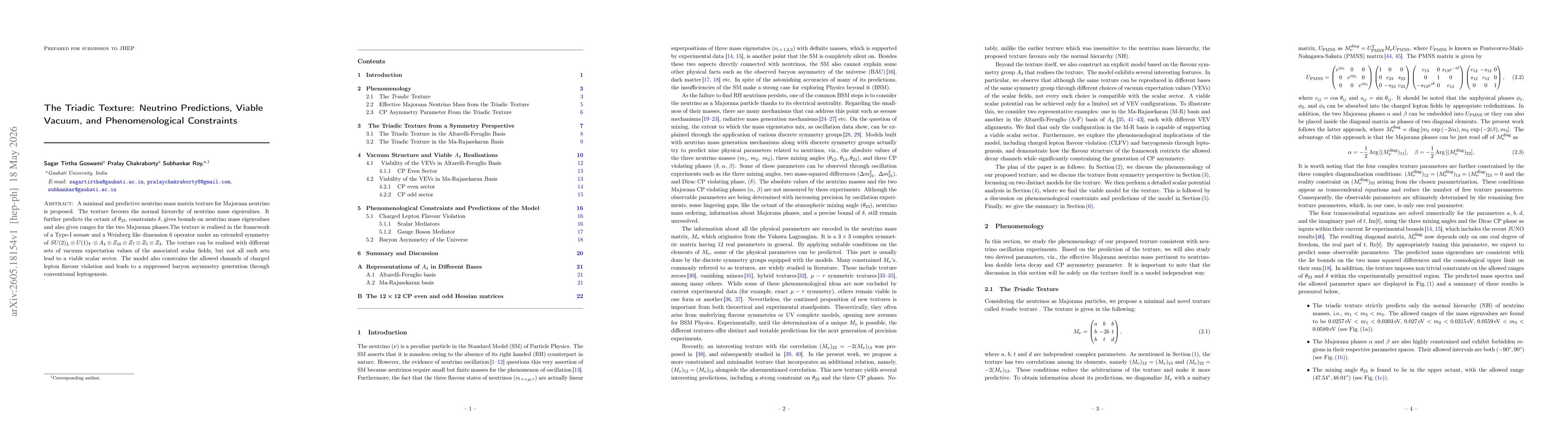 Thumbnail for The Triadic Texture: Neutrino Predictions, Viable Vacuum, and Phenomenological Constraints