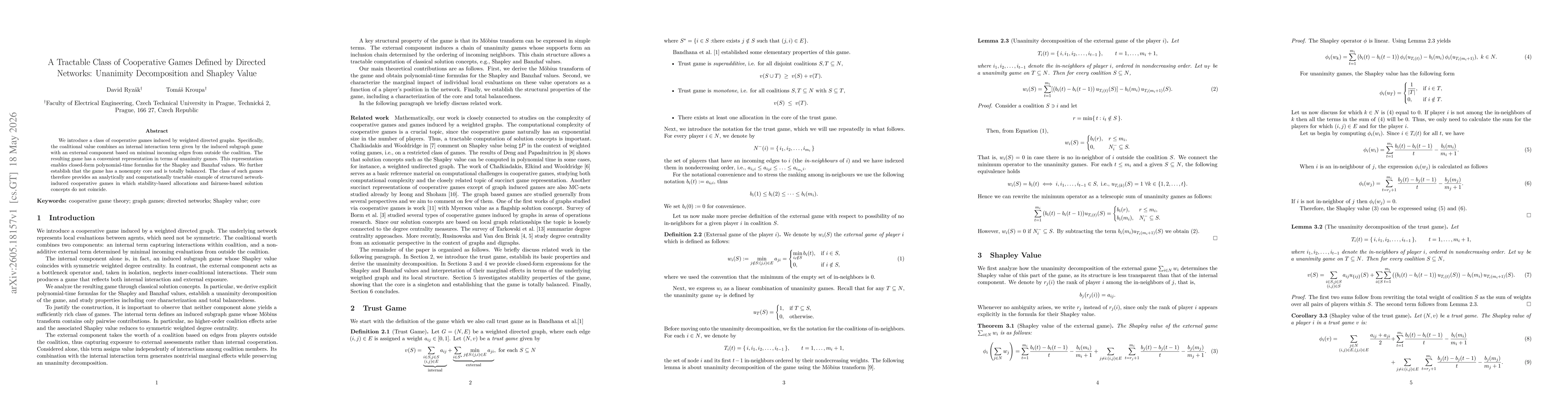 Thumbnail for A Tractable Class of Cooperative Games Defined by Directed Networks: Unanimity Decomposition and Shapley Value