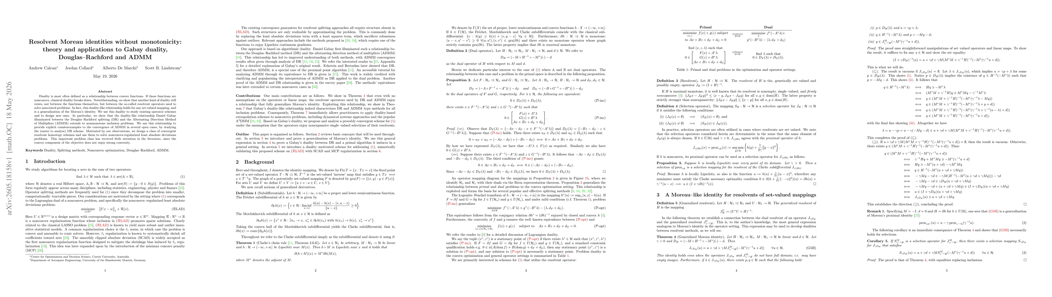 Thumbnail for Resolvent Moreau identities without monotonicity: theory and applications to Gabay duality, Douglas--Rachford and ADMM