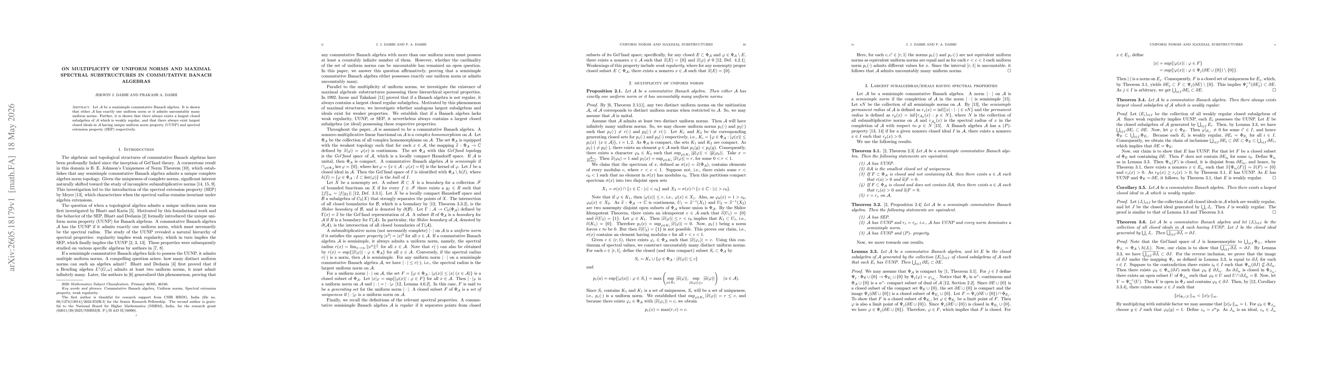 Thumbnail for On Multiplicity of Uniform Norms and Maximal Spectral Substructures in Commutative Banach Algebras