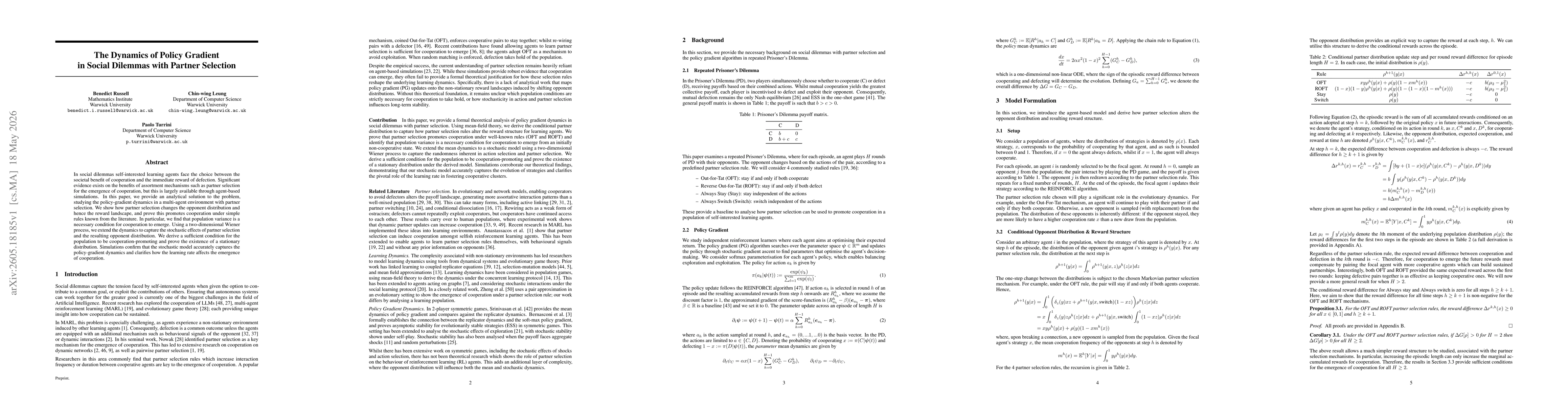 Thumbnail for The Dynamics of Policy Gradient in Social Dilemmas with Partner Selection