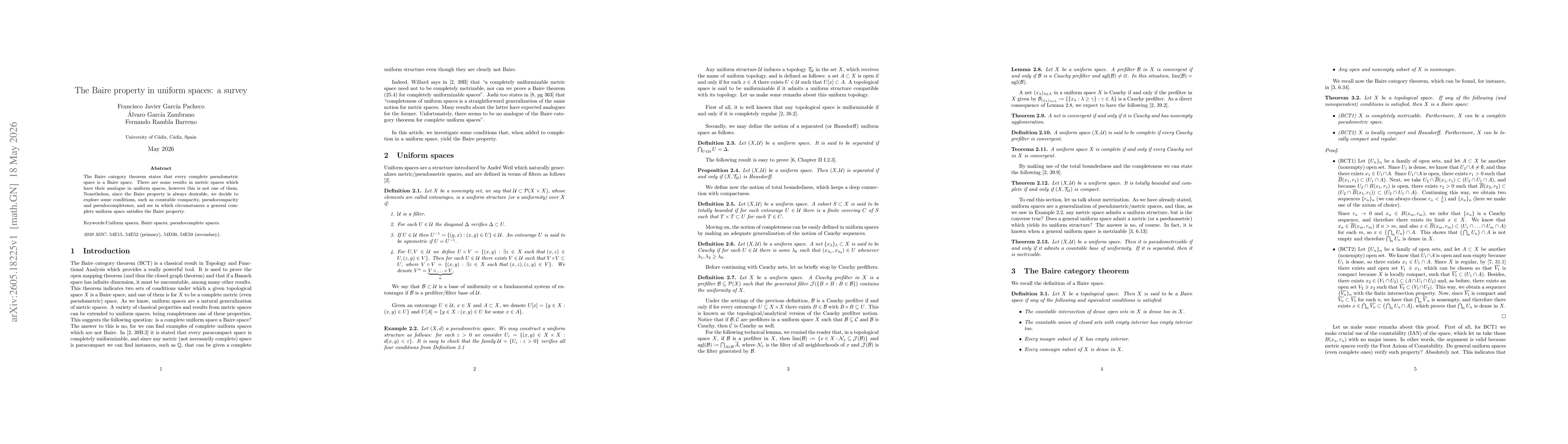 Thumbnail for The Baire property in uniform spaces: a survey