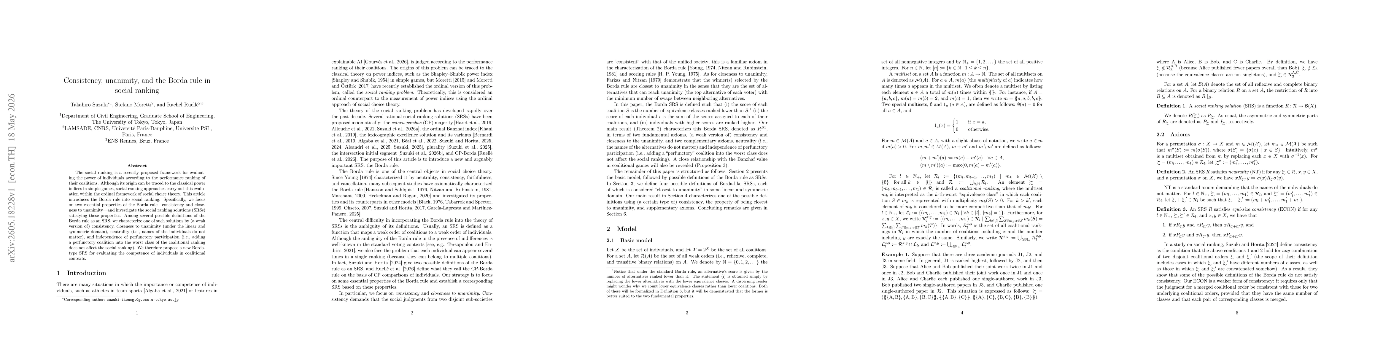 Thumbnail for Consistency, unanimity, and the Borda rule in social ranking