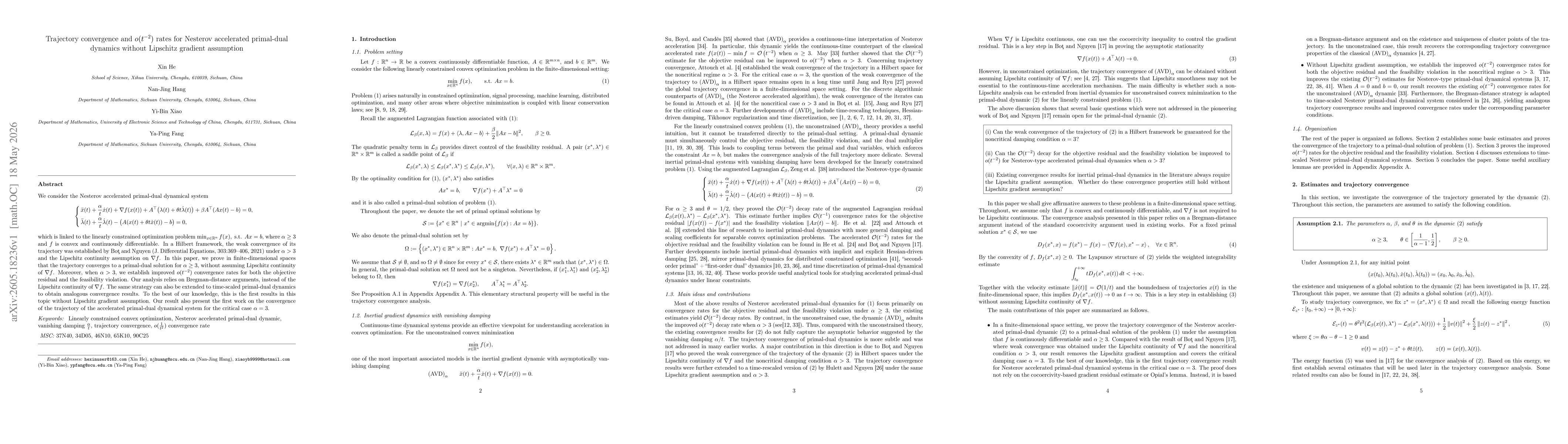 Thumbnail for Trajectory convergence and $o(t^{-2})$ rates for Nesterov accelerated primal-dual dynamics without Lipschitz gradient assumption