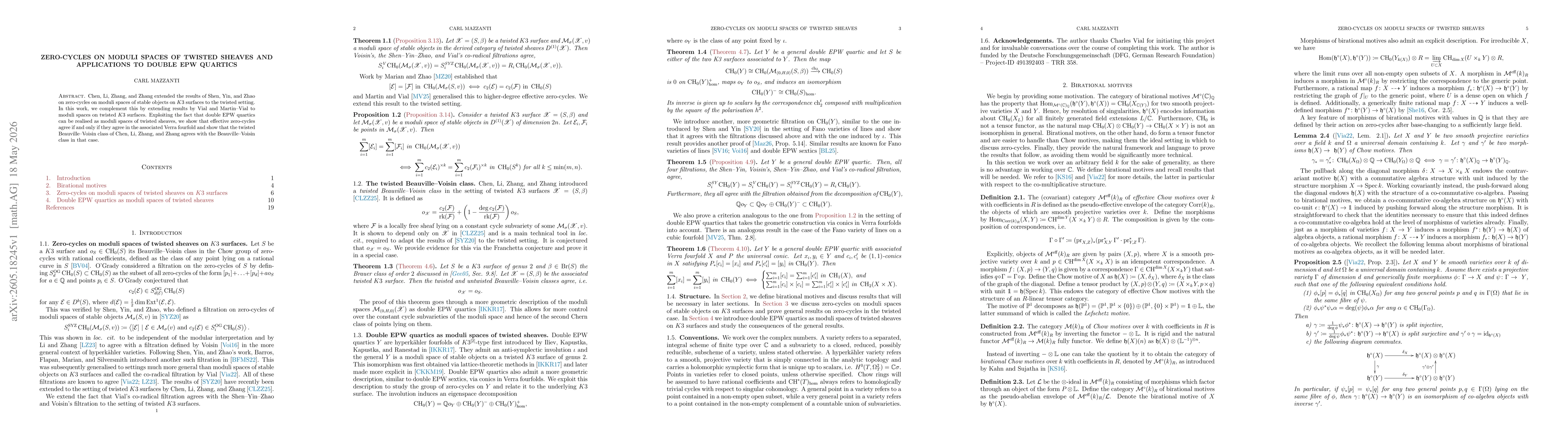 Thumbnail for Zero-cycles on Moduli Spaces of Twisted Sheaves and Applications to Double EPW Quartics