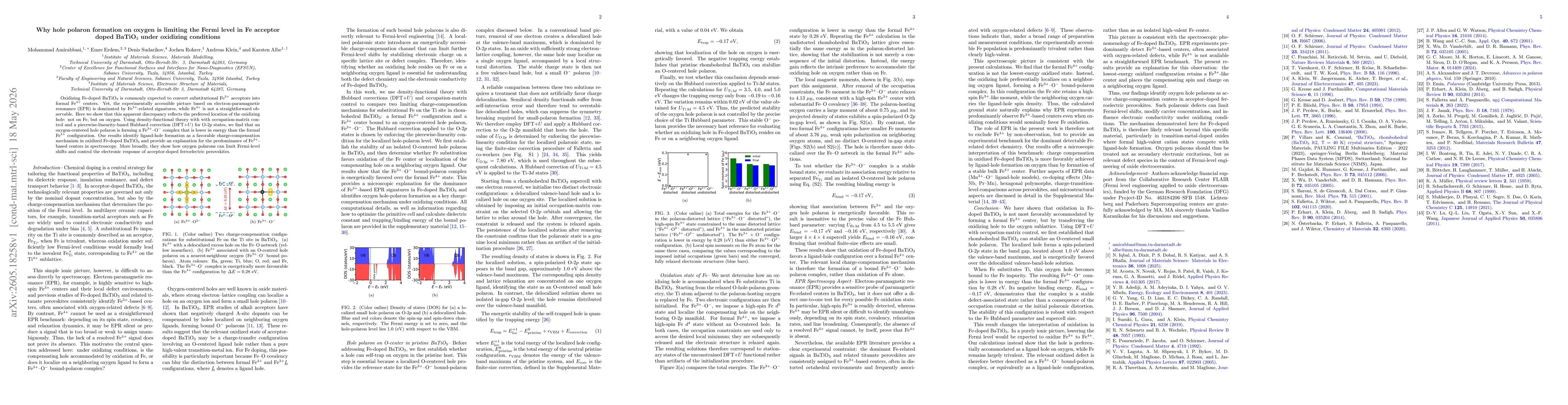 Thumbnail for Why hole polaron formation on oxygen is limiting the Fermi level in Fe acceptor doped BaTiO$_{3}$ under oxidizing conditions