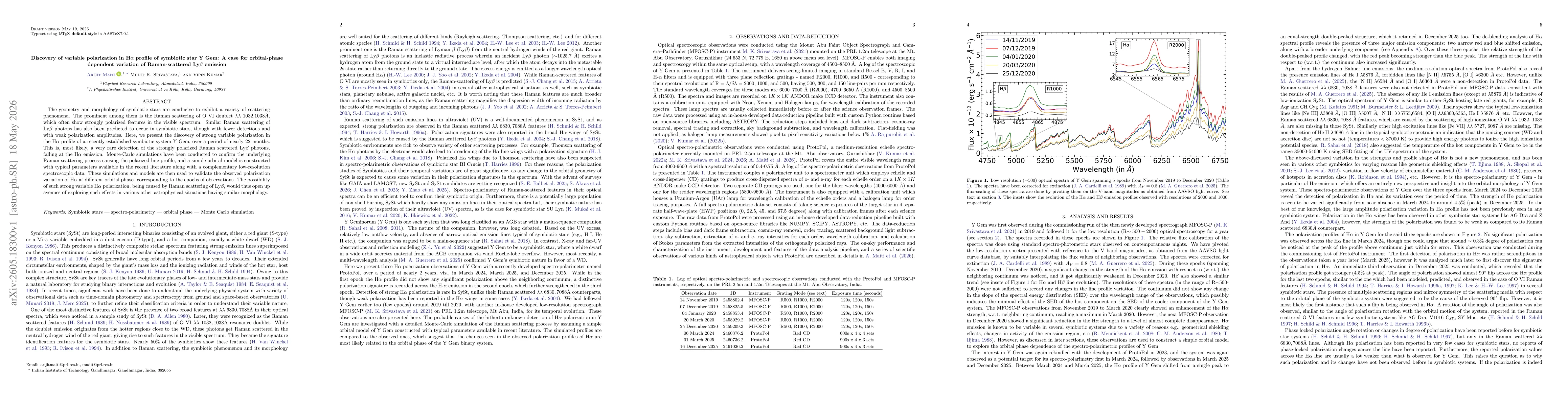 Thumbnail for Discovery of variable polarization in H$α$ profile of symbiotic star Y Gem: A case for orbital-phase dependent variation of Raman-scattered Ly$β$ emission