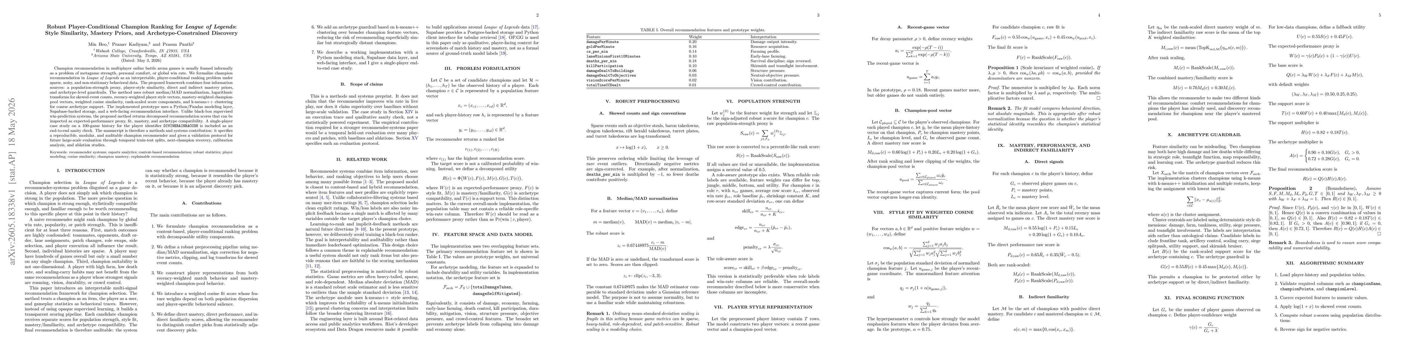 Thumbnail for Robust Player-Conditional Champion Ranking for League of Legends: Style Similarity, Mastery Priors, and Archetype-Constrained Discovery