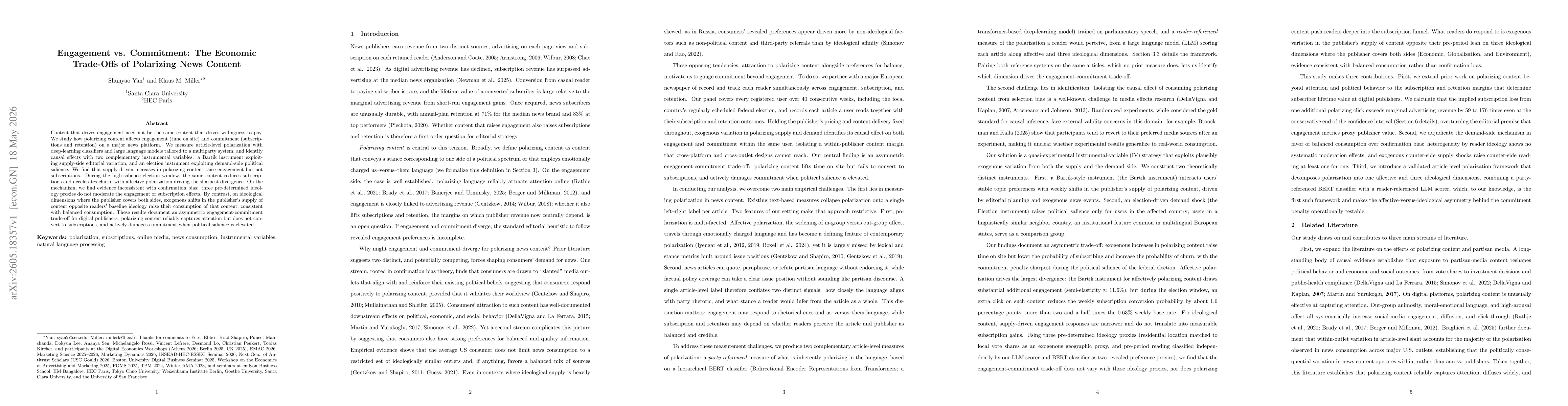 Thumbnail for Engagement vs. Commitment: The Economic Trade-Offs of Polarizing News Content