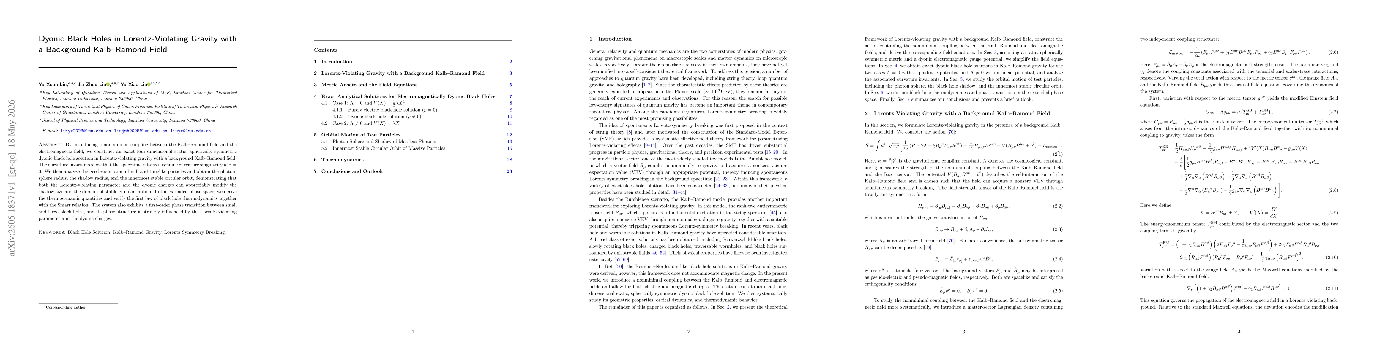 Thumbnail for Dyonic Black Holes in Lorentz-Violating Gravity with a Background Kalb--Ramond Field