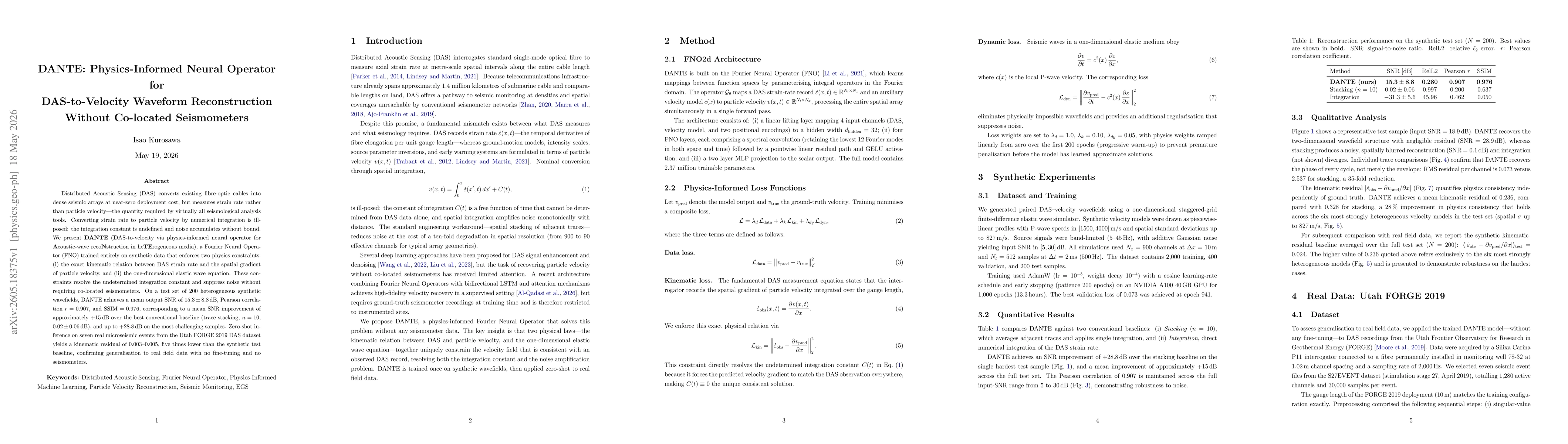 Thumbnail for DANTE: Physics-Informed Neural Operator for DAS-to-Velocity Waveform Reconstruction Without Co-located Seismometers