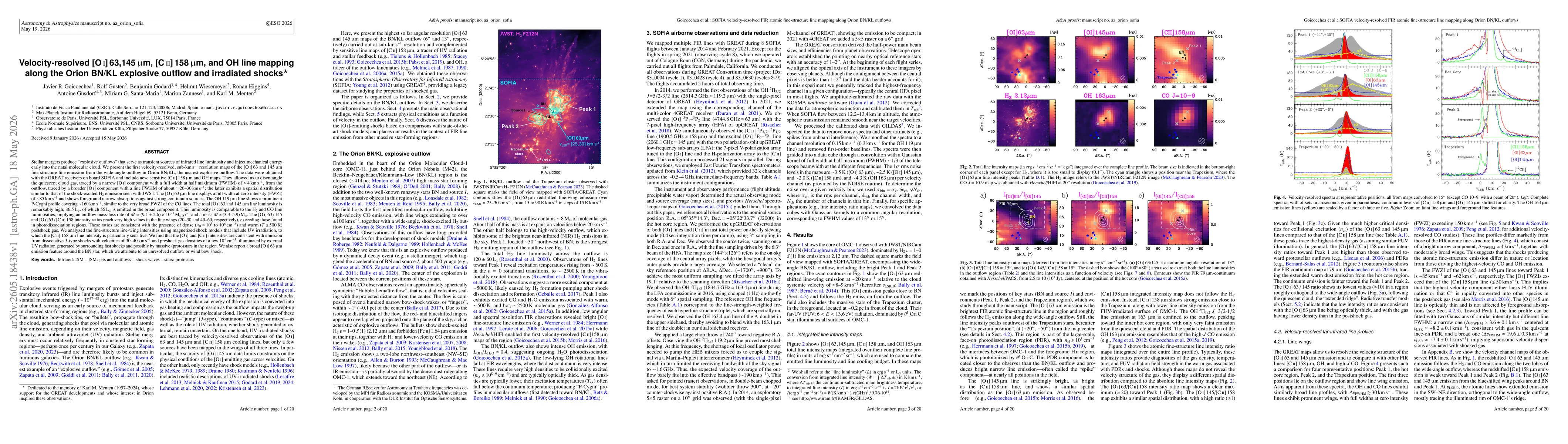 Thumbnail for Velocity-resolved [O I] 63,145 um, [C II] 158 um, and OH line mapping along the Orion BN/KL explosive outflow and irradiated shocks