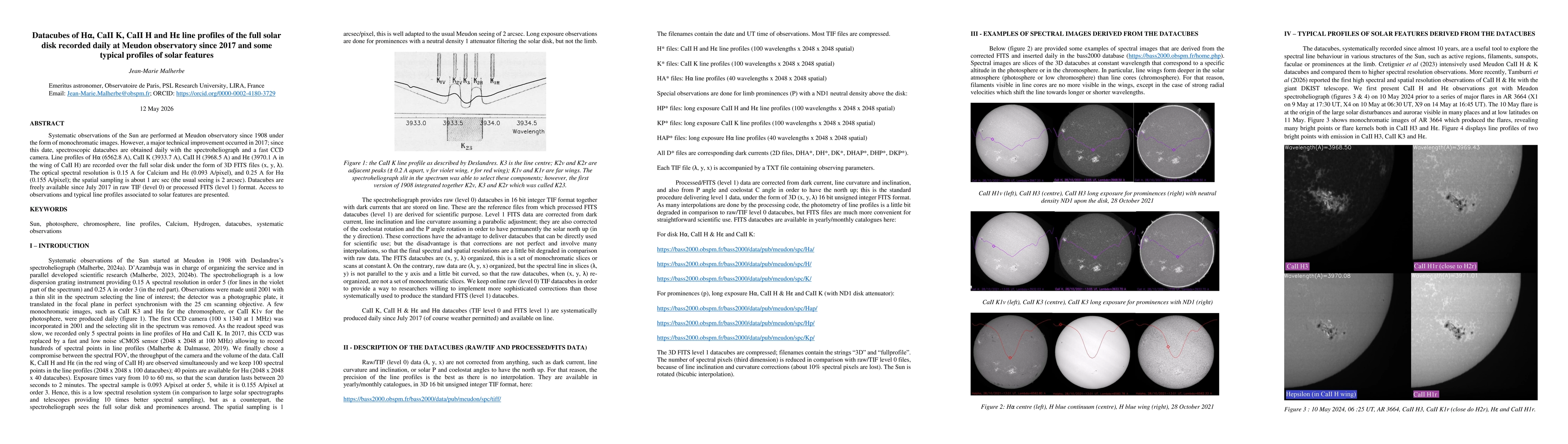 Thumbnail for Datacubes of H$α$, CaII K, CaII H and H$ε$ line profiles of the full solar disk recorded daily at Meudon observatory since 2017 and some typical profiles of solar features