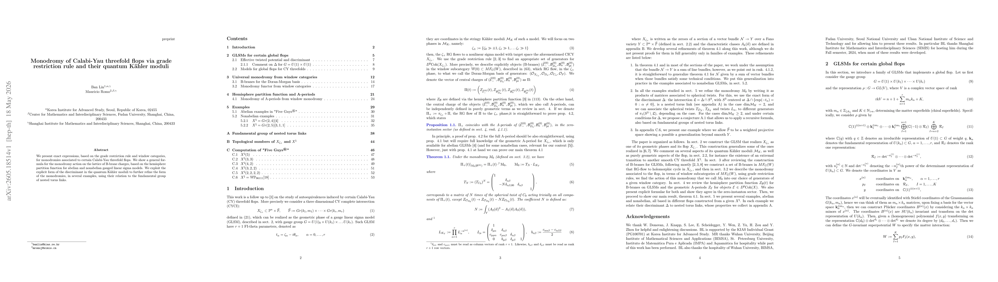 Thumbnail for Monodromy of Calabi-Yau threefold flops via grade restriction rule and their quantum Kahler moduli