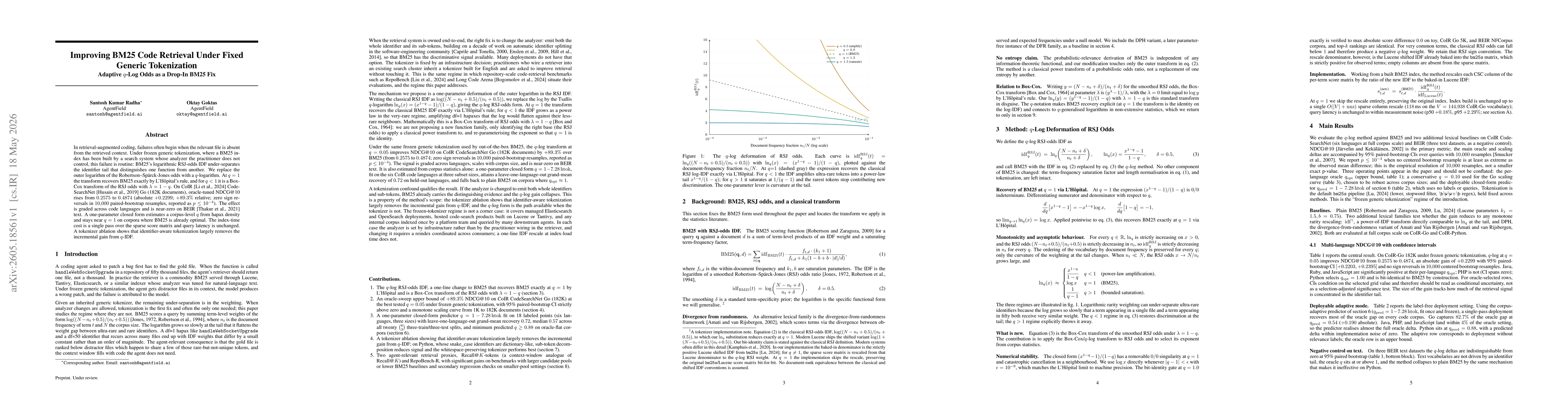 Thumbnail for Improving BM25 Code Retrieval Under Fixed Generic Tokenization: Adaptive q-Log Odds as a Drop-In BM25 Fix