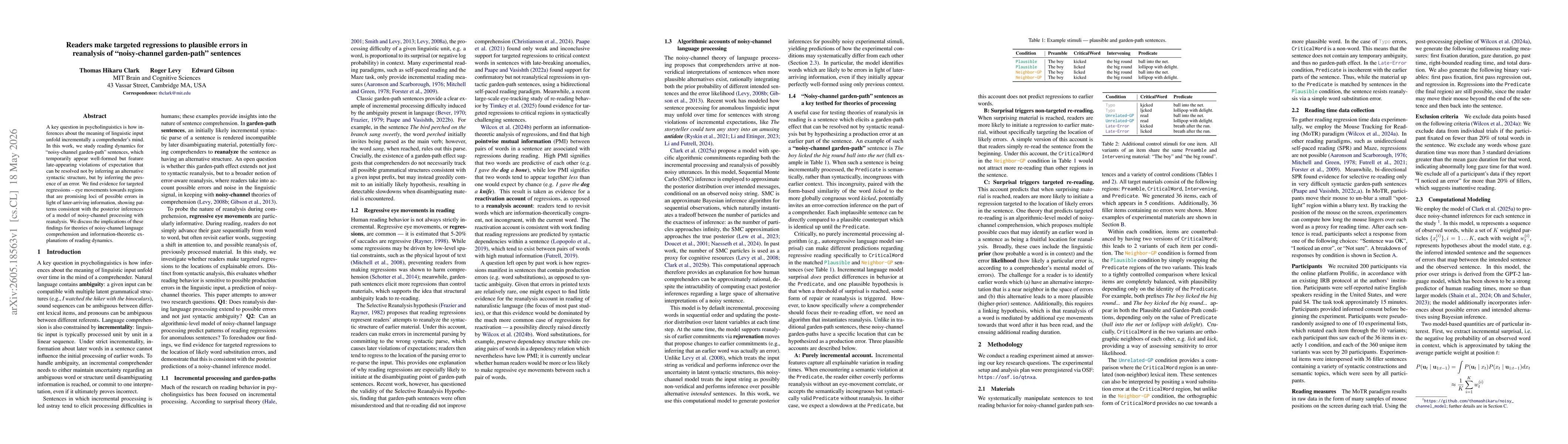 Thumbnail for Readers make targeted regressions to plausible errors in reanalysis of "noisy-channel garden-path" sentences