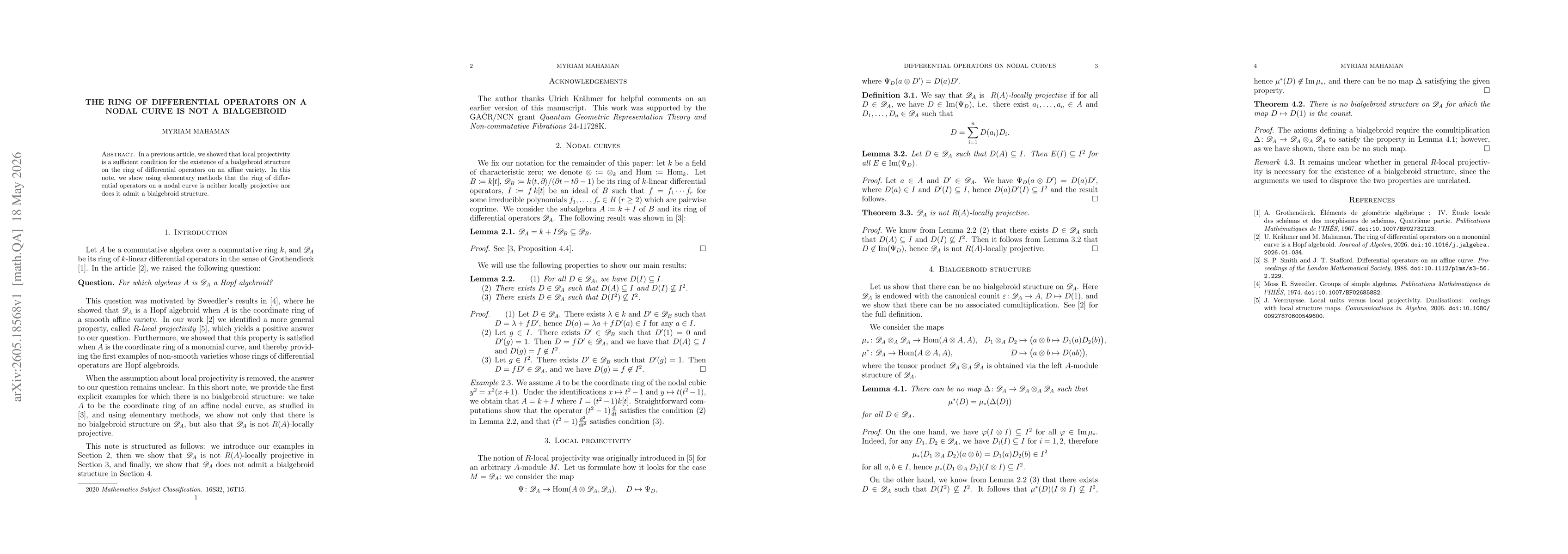 Thumbnail for The Ring of Differential Operators on a Nodal Curve is not a Bialgebroid