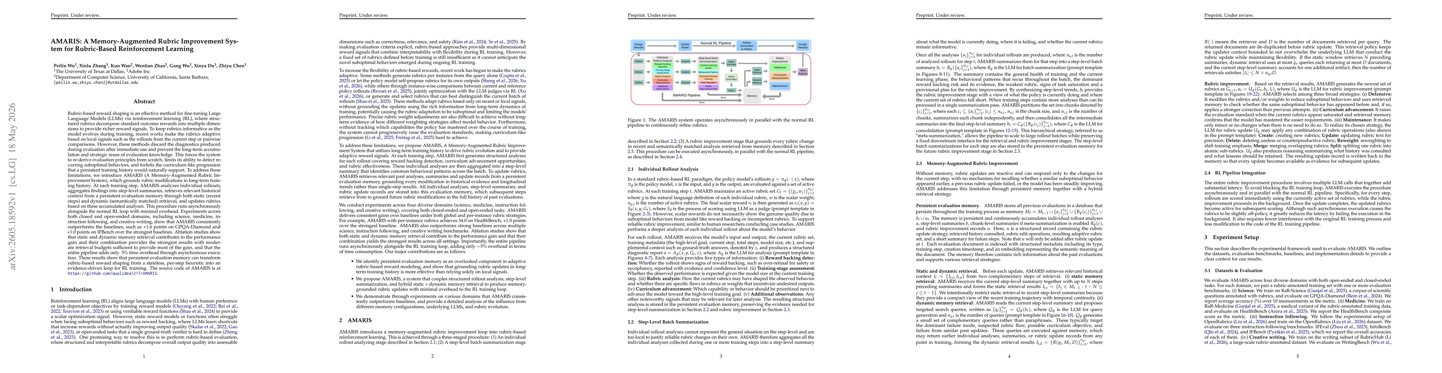 Thumbnail for AMARIS: A Memory-Augmented Rubric Improvement System for Rubric-Based Reinforcement Learning