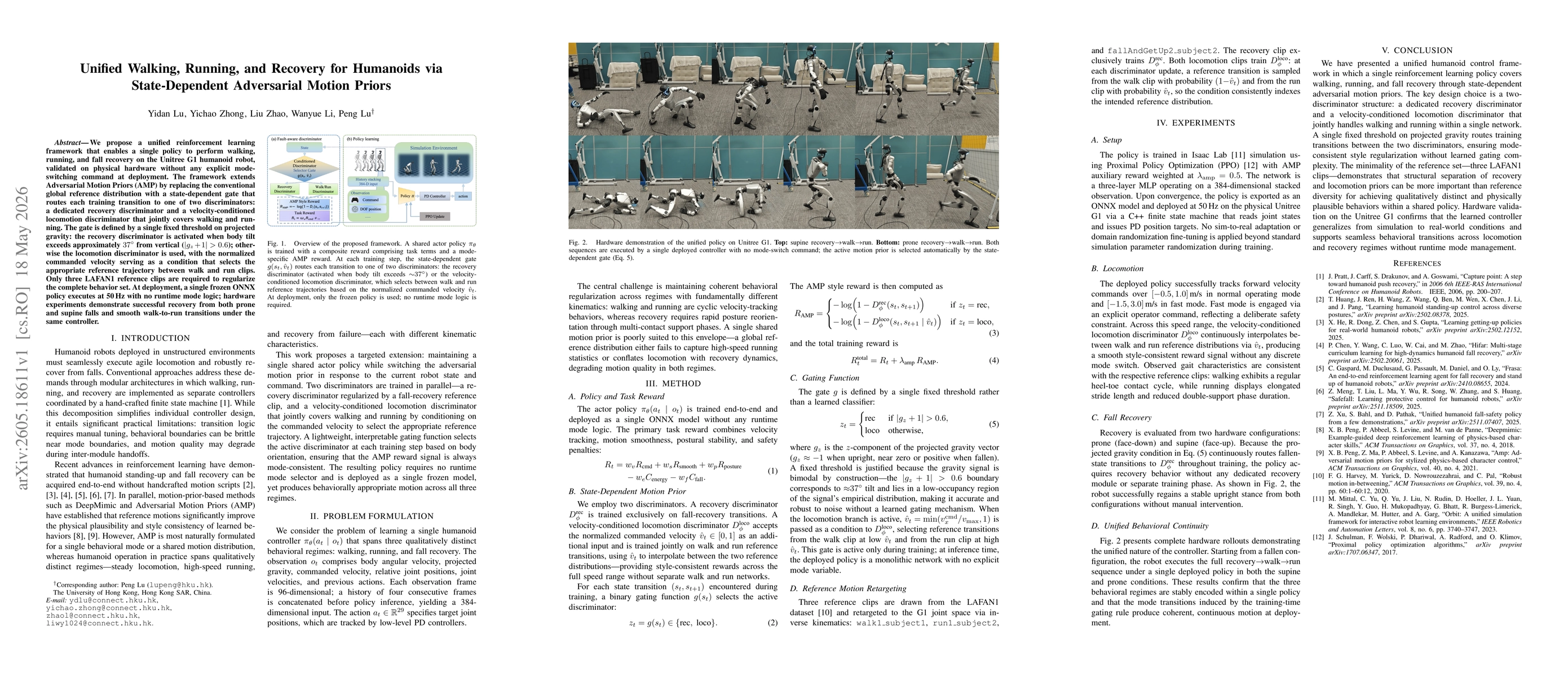 Thumbnail for Unified Walking, Running, and Recovery for Humanoids via State-Dependent Adversarial Motion Priors