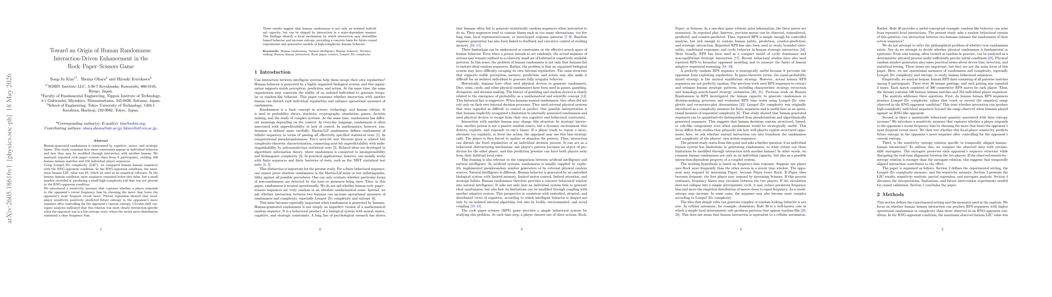 Thumbnail for Toward an Origin of Human Randomness: Interaction-Driven Enhancement in the Rock-Paper-Scissors Game