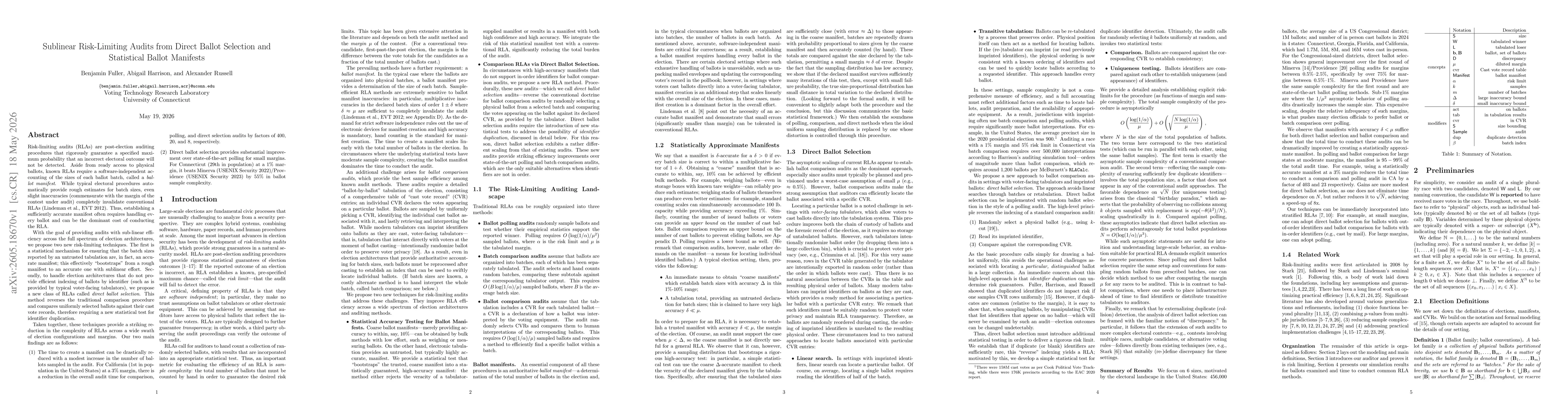 Thumbnail for Sublinear Risk-Limiting Audits from Direct Ballot Selection and Statistical Ballot Manifests