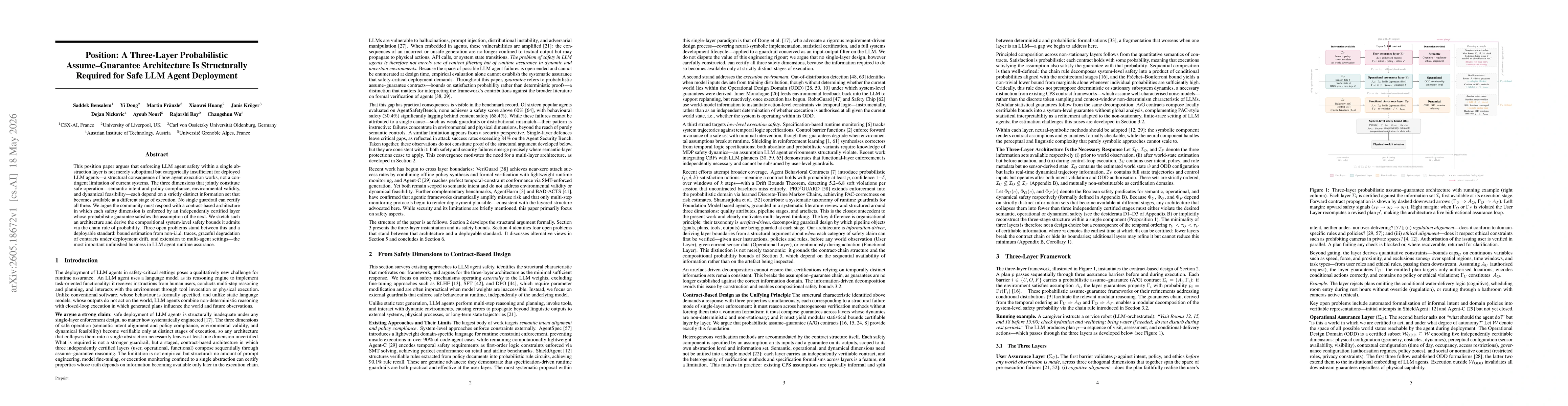 Thumbnail for Position: A Three-Layer Probabilistic Assume-Guarantee Architecture Is Structurally Required for Safe LLM Agent Deployment