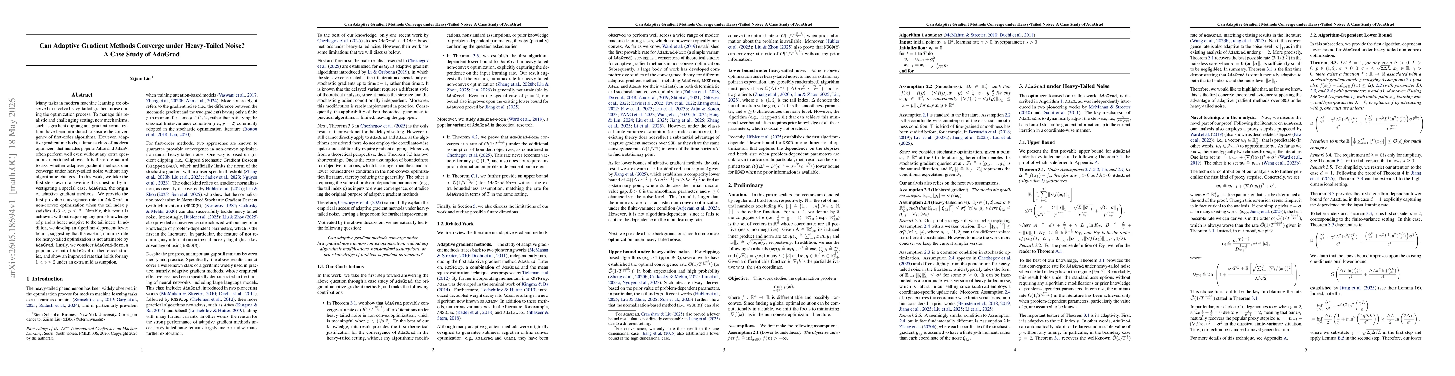 Thumbnail for Can Adaptive Gradient Methods Converge under Heavy-Tailed Noise? A Case Study of AdaGrad
