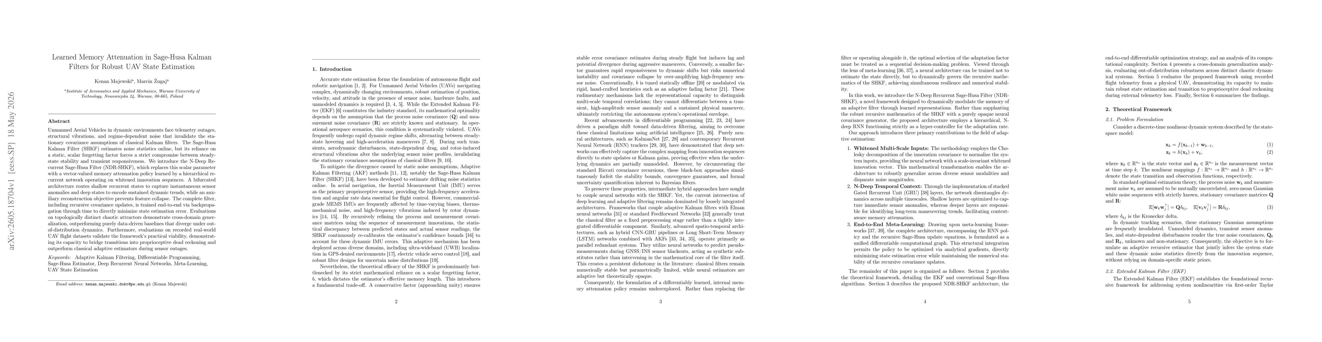Thumbnail for Learned Memory Attenuation in Sage-Husa Kalman Filters for Robust UAV State Estimation