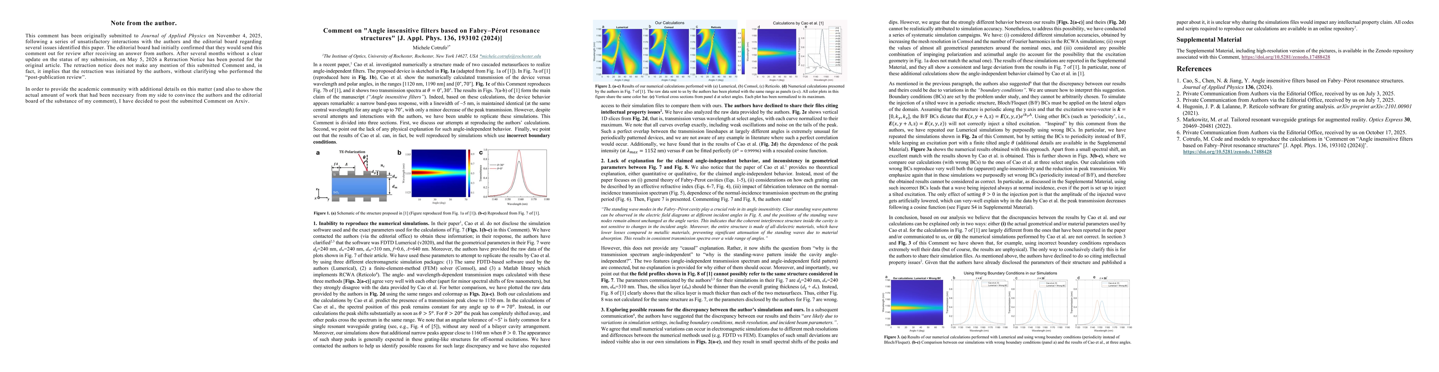 Thumbnail for Comment on "Angle insensitive filters based on Fabry-Perot resonance structures" [J. Appl. Phys. 136, 193102 (2024)]