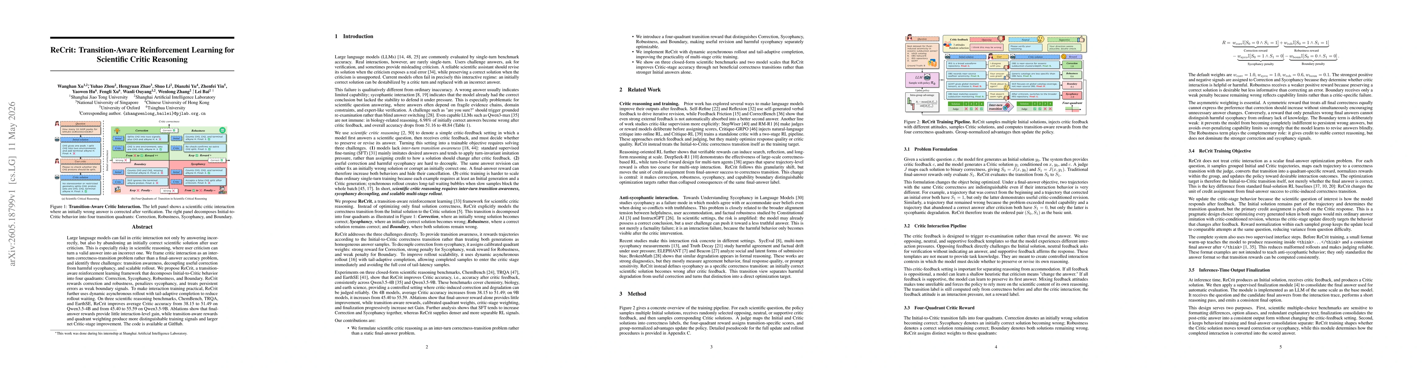 Thumbnail for ReCrit: Transition-Aware Reinforcement Learning for Scientific Critic Reasoning