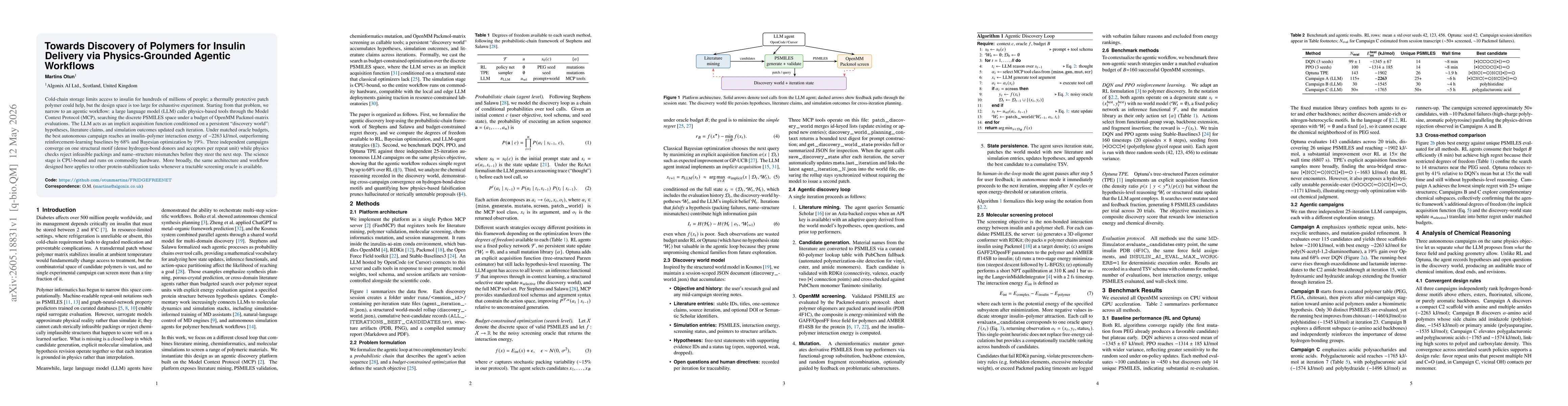 Thumbnail for Towards Discovery of Polymers for Insulin Delivery via Physics-Grounded Agentic Workflows