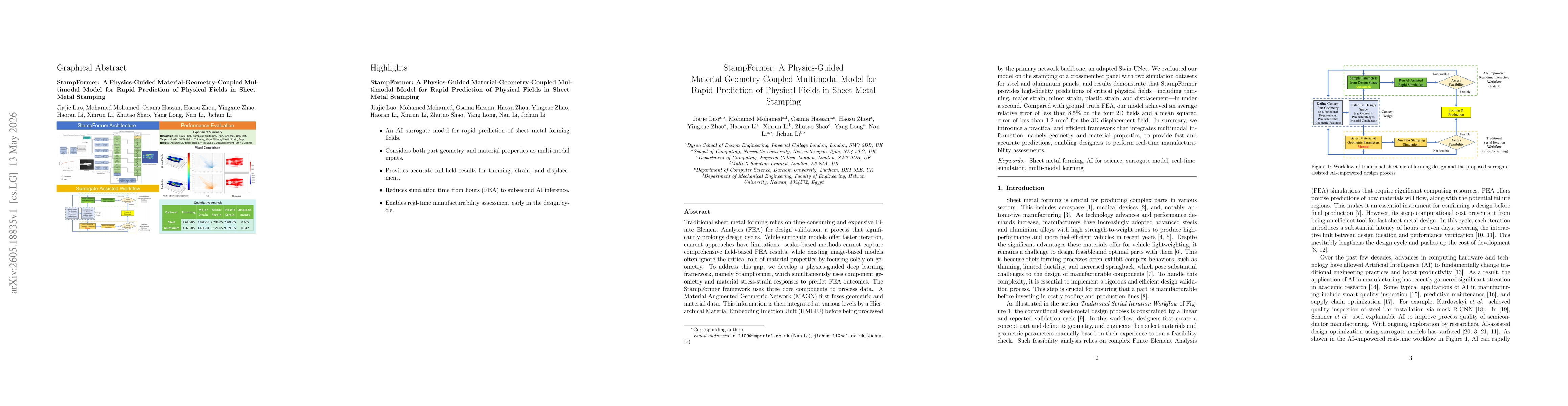 Thumbnail for StampFormer: A Physics-Guided Material-Geometry-Coupled Multimodal Model for Rapid Prediction of Physical Fields in Sheet Metal Stamping