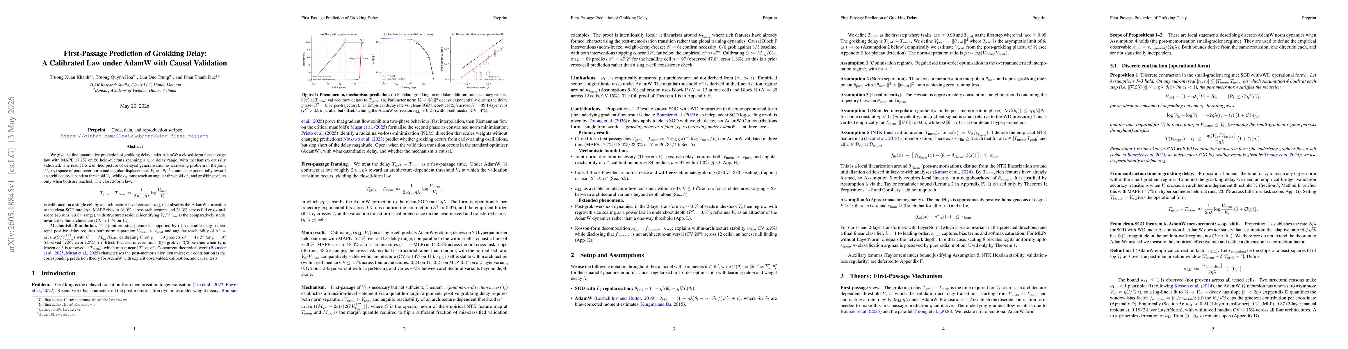 Thumbnail for First-Passage Prediction of Grokking Delay: ACalibrated Law under AdamW with Causal Validation