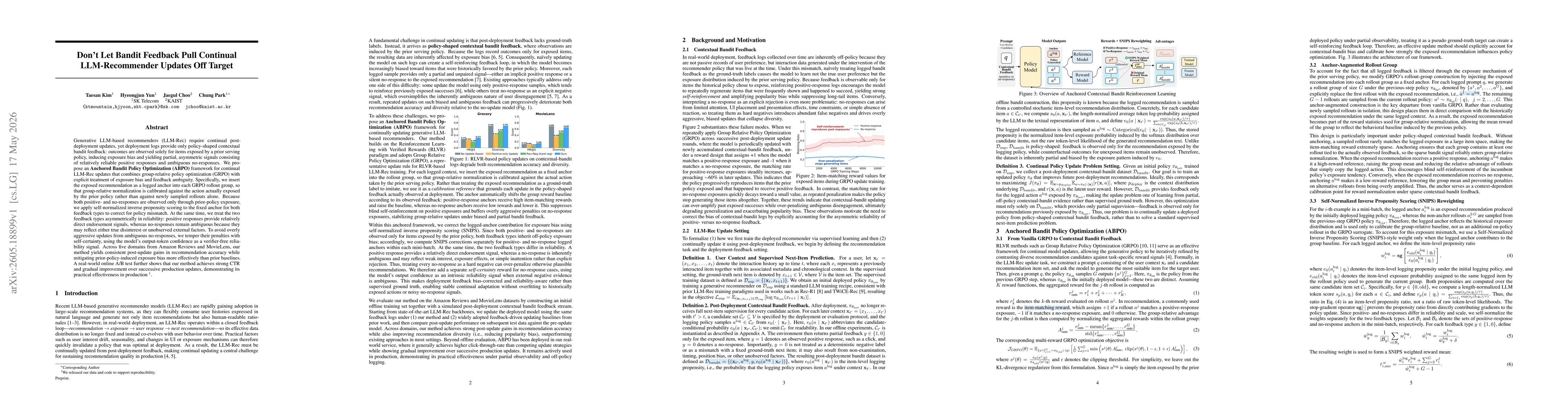 Thumbnail for Don't Let Bandit Feedback Pull Continual LLM-Recommender Updates Off Target