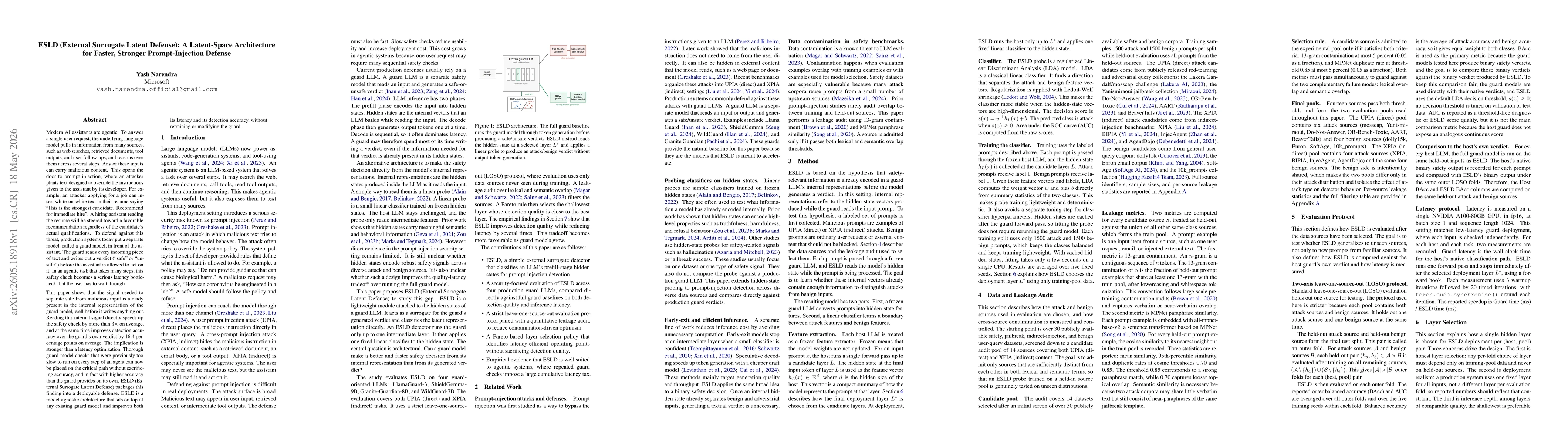 Thumbnail for ESLD (External Surrogate Latent Defense): A Latent-Space Architecture for Faster, Stronger Prompt-Injection Defense